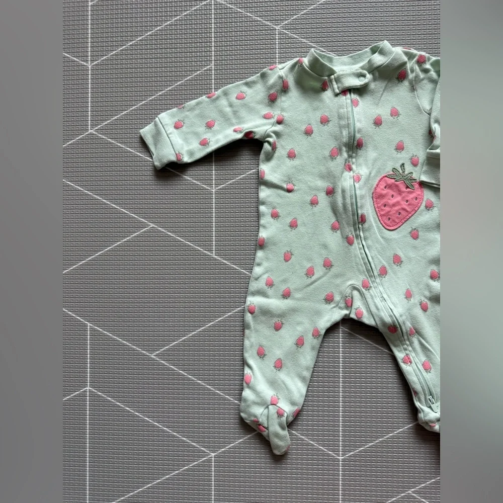 Carters|Baby girl Mint Green ditsy Strawberry Print Onesie,long sleeve footies•